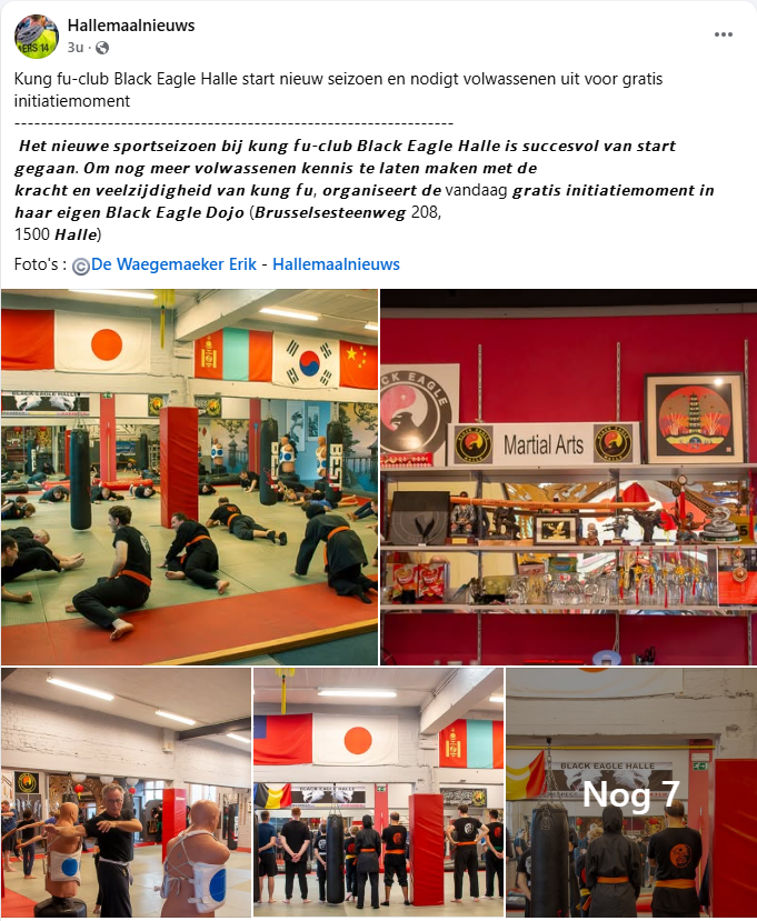 Kung fu-club Black Eagle Halle start nieuw seizoen en nodigt volwassenen uit voor gratis initiatiemoment